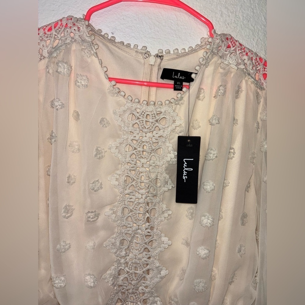 NEW Lulus Cream Embroidered Lace Boho Scandi Girl Chic XL Chiffon Dress lined - Picture 8 of 14